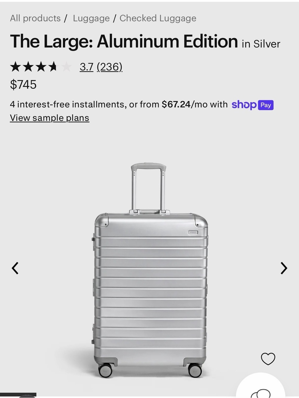 Away The Large Aluminum Edition Checked Luggage in Silver